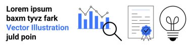 Veri analizi, iş büyümesi, belge doğrulama, yenilik, araştırma, akreditasyon. Büyüteçli çubuk grafik, mühürlü sertifika ve ampul. Veri analizi ve iş büyümesi