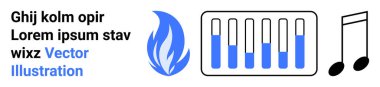 Alev ikonu, mavi çubuklu ses eşitleyici ve müzik notaları enerji, yaratıcılık, ses ve eğlence öneriyor. Medya, müzik, uygulamalar, enerji kavramları afiş reklamları, basit iniş reklamları için ideal.