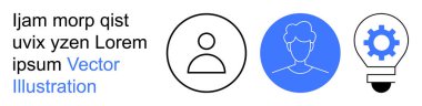 Dijital kimlik, teknoloji, yenilik, fikirler, kullanıcı deneyimi, profil yönetimi. Kullanıcı simgesi, avatar ana hatları ve içinde teçhizat olan ampul. Dijital kimlik ve teknoloji teması