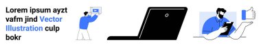 Belge sunan kişi, teknoloji sembolü olarak dizüstü bilgisayar, telefonu olan adam onaylıyor. Takım çalışması, iş, teknoloji, iletişim, sunum, işbirliği için ideal basit bir iniş sayfası