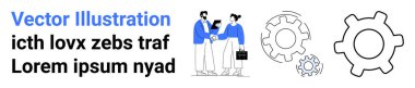 İş stratejisi, ortaklık, takım çalışması, işbirliği, mekanik süreçler, işbirliği. Büyük dişli çarklarla tokalaşan iki kişi. İş stratejisi ve ortaklık kavramı