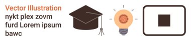 Eğitim, yenilik, yaratıcılık, bilgi paylaşımı, akademik büyüme, öğrenme kaynakları. Mezuniyet şapkası, bozuk para soyut kare ikonlu ampul. Eğitim ve yenilik