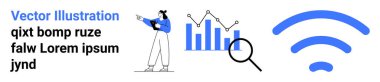 İş kadını analitik sunumu, bar grafiği, yükselen trend, veri araştırmaları için büyüteç, mavi kablosuz ikon. Teknoloji, veri, iletişim, bağlantı, analiz araştırması için ideal basit