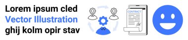 Kontrat yönetimi, iş akışı optimizasyonu, profesyonel anlaşmalar, iş operasyonları, takım çalışması, dijital sistemler. Dairesel ok, dişli pano ve mutlu ikon. Kontrat yönetimi ve iş akışı