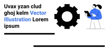 Teknoloji, takım çalışması, iş akışı, proje yönetimi, yenilik, tasarım kavramları. Vites simgesi ve elinde tablet tutan bir kadın. Teknoloji ve takım çalışması kavramları