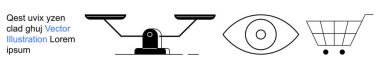 Adalet, vizyon, e-ticaret, yasal kavramlar, alışveriş, internet hizmetleri. Denge ölçeği, göz sembolü ve alışveriş arabası simgesi. Tasarımlarda adalet ve vizyon vurgulandı