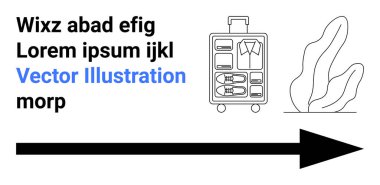 Seyahat planlama, turizm, tatil, seyahat organizasyonu, lojistik, modern paketleme. Elbiselerle dolu bavulu aç. Dekoratif bitki ve ok sağ tarafı gösteriyor. Seyahat planlama ve turizm konsepti