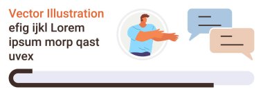 İletişim, takım çalışması, mesajlaşma, online sohbet, sosyal etkileşim, sanal tartışma. Yüzen konuşma baloncuklarıyla el kol hareketi yapan biri. İletişim ve takım çalışması kavramı