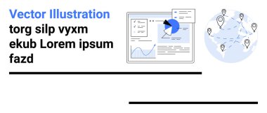 İş anlayışı, küresel ağ, analitik, veri analizi, teknoloji, bilgi paylaşımı. Analitik gösterge paneli ve birbirine bağlı konum noktaları olan dünya haritası. İş görüşleri ve küresel