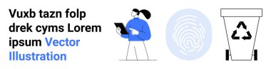 Kimlik doğrulama, dijital güvenlik, sürdürülebilirlik, eko-bilinç, geri dönüşüm, modern teknoloji. Elinde tablet, parmak izi ve geri dönüşüm kutusu olan bir kadın. Kimlik doğrulama ve dijital