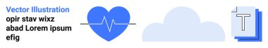 Sağlık, bulut teknolojisi, veri depolama, belge yönetimi, dijital iletişim, bilgi paylaşımı. Nabız, bulut ve dizilmiş metin simgeleriyle mavi kalp. Sağlık ve bulut teknolojisi kavramı