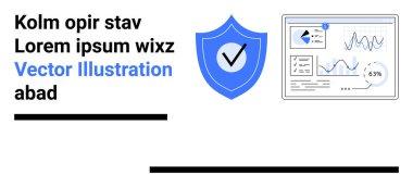 Siber güvenlik, veri analizi, güvenlik sistemleri, teknoloji, dijital koruma, risk yönetimi. İşaretli mavi kalkan ve çizelgeli istatistiksel panel. Siber güvenlik ve veri analizi