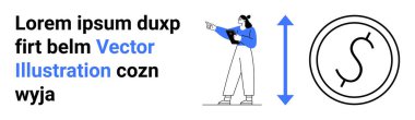 Para birimi simgesi ve büyüme sembolünün yanında el kol hareketi yapan iş kadını. Finans, iş stratejisi, sunum, veri analizi, büyüme kavramları, eğitim, basit iniş sayfası için ideal