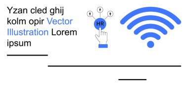 İşe alım, İK yönetimi, kablosuz iletişim, dijital bağlantı, iş verileri, ağ kurma. Bir ağa bağlı insan kaynaklarını seçen bir el ve bir kablosuz sinyal simgesi. İşe alım ve kablosuz