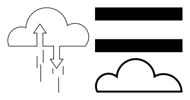 Veri transferi için dikey okları ve başka bir bulutun içinde paralel çubukları olan bir bulut. Teknoloji, veri alışverişi, bulut hesaplama, ağ oluşturma, internet, iletişim ve depolama için ideal basit daire