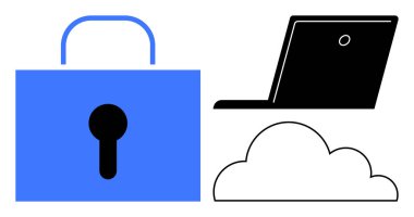 Siber güvenlik, bulut depolama, çevrimiçi mahremiyet, veri koruması, ağ oluşturma, teknoloji. Mavi kilit, dizüstü bilgisayar ve bulut simgesi tasarımı. Siber güvenlik ve bulut depolama kavramları