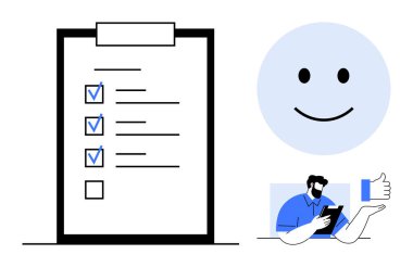 Görev yönetimi, olumlu geri bildirim, hedef belirleme, üretkenlik, müşteri memnuniyeti, başarı. Bir kontrol listesi, mutlu bir yüz ve elinde tablet tutan bir kişi. Görev yönetimi