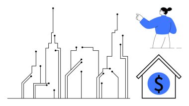 Akıllı şehir, teknoloji yeniliği, dijital finans, şehir gelişimi, gayrimenkul, veri analizi. Teknoloji hatları olan stilize şehir manzarası ve işaret eden biri. Akıllı şehir ve teknoloji yeniliği