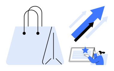 E-ticaret, çevrimiçi alışveriş, iş büyümesi, dijital pazarlama, satış performansı, tüketici eğilimleri. Alışveriş torbası, yükselen oklar tablet arayüzü ile etkileşim halinde. E-ticaret ve online
