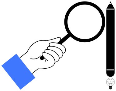 Gözlem, analiz, eğitim, yazma araçları, yaratıcılık, araştırma. Bir el, kaleme odaklanan bir büyüteç tutuyor. Nesne kullanarak gözlem ve analiz kavramları