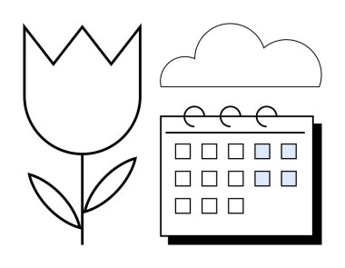 Basit lale çiçeği, bulut ve takvim ile vurgulanmış tarihler doğa, hava ve zamanlamayı birleştiriyor. Mevsimsel planlama, bahçıvanlık, etkinlikler, verimlilik sürekliliği için ideal