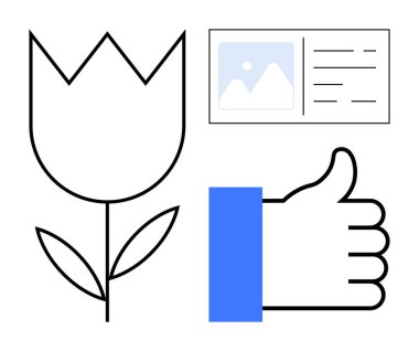 İletişim ve yaratıcılık için düz tasarım sembolleri. Simgeler arasında bir çiçek, baş parmak işareti ve çevrimiçi içerik, iletişim platformları ve markalaşma malzemeleri için bir resim kartı yer alıyor. Mükemmel.