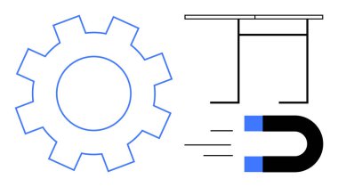 Mühendislik kavramları, teknik tasarım, fizik ilkeleri, makineler, yenilikler, endüstriyel işlemler. Temiz bir düzende bir vites, mıknatıs ve elektrik elementleri. Mühendislik kavramları