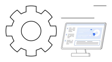 İş akışı otomasyonu, veri analizi, teknoloji sistemleri, yazılım araçları, işlemler, sistem entegrasyonu. Veri görünümlü bir masaüstü ekranının yanında vites simgesi. Çalışma akışı otomasyonu ve veri analizi
