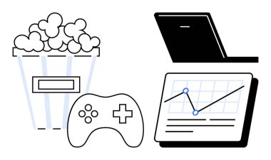 Patlamış mısır kovası, oyun kumandası, çizgili dizüstü bilgisayar. Eğlence, oyun, akış eğilimleri, verimlilik, teknoloji dijital ekonomi yaşam tarzı temaları için idealdir. Basit düz metafor