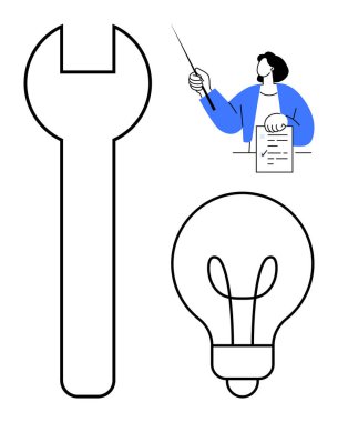 Büyük ingiliz anahtarı, fikirleri sembolize eden ampul, ve bir işaret ve belge sunan kişi. Çözümler için ideal, yaratıcılık, yenilik, öğrenme, takım çalışması geliştirme planlama. Basit düz