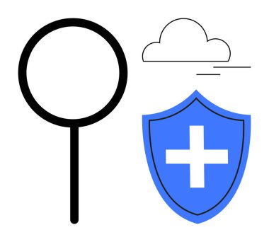 Veri güvenliği, bulut depolama, araştırma, siber güvenlik, online koruma, bilgi erişimi. Büyüteç, çapraz ve bulut grafikli kalkan. Veri güvenliği ve bulut depolama kavramı