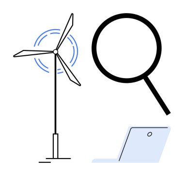 Rüzgar türbini, büyüteç ve yenilenebilir enerji araştırması, yenilik, analiz, teknoloji, sürdürülebilirlik, verimlilik ve temiz enerjiyi temsil eden dizüstü bilgisayar. Yeşil enerji için ideal ve basit