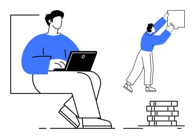 Uzaktan çalışma konsepti. Bir dizüstü bilgisayar kullanıcısı ve görev düzenleyicisiyle gösterilen uzak çalışma etkinlikleri. Üretken yönetimi ve verimli sonuçları destekleyen uzak çalışma. Bağımsızlar için teknoloji