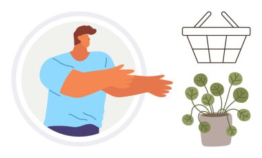 Sıradan giysili bir adam, kolları, kablo çerçeveli alışveriş sepeti ve bir saksıda dekoratif bitki taşıyor. Alışveriş için ideal, ev dekorasyonu, çevre dostu yaşam, kapalı bahçıvanlık, minimalizm, sıradan