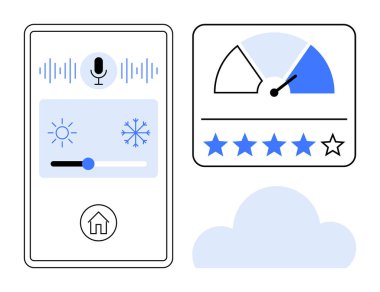 Akıllı ev teknolojisi. Akıllı ev arayüzü ses kontrolü, sıcaklık ayarlayıcısı ile iklim ayarlaması ve kullanıcı değerlendirmeleri için reyting paneli. Akıllı ev yeniliği, otomasyon, konfor, ev