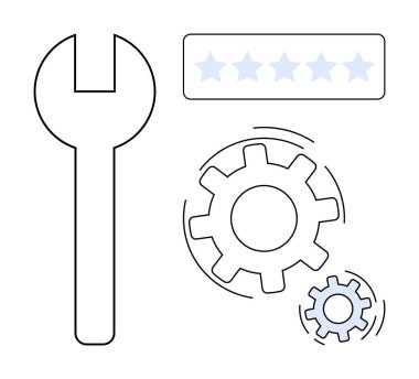 Teknik destek, hizmet kalitesi, müşteri memnuniyeti, ekipman bakımı, operasyonel verimlilik, kullanıcı deneyimi. İngiliz anahtarı, vites ve yıldız derecelendirme ikonu. Teknik destek ve hizmet kalitesi