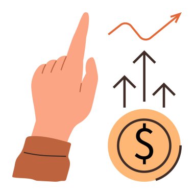 Oklu ve dolarlı büyüme sembollerini işaret ederek, başarıyı, yatırımları, finansal planlamayı, karı, ekonomik büyümeyi, yeniliği ve yükselen eğilimleri temsil ediyor. Temiz daire