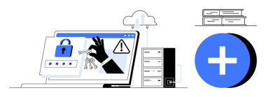 Siber güvenlik kavramı. Bir kilit, anahtar, veri sunucuları, bulut depolama ve alarm sembolleri de dahil olmak üzere siber güvenlik simgeleri. Veri koruması için siber güvenlik, bilişim sistemleri, yazılım güvenliği çevrimiçi gizlilik