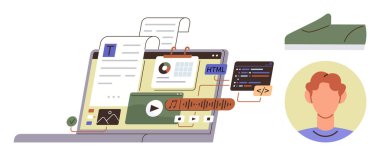 Metin düzenleme, grafikler, kod, resimler ve ortam araçlarını gösteren dizüstü bilgisayar. Profil avatarı ve ayakkabı tasarımı yakında. Dijital iş için ideal, tasarım kodlama takım çalışması yaratıcılık teknolojisi modern hayat. A
