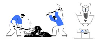 Kripto para birimi konsepti. Dijital madeni paralar için taş kıran işçilerin kripto para çıkarma işlemi. Modern finansmanı, madenciliği ve yeniliği vurgulayan görsel engelleme zinciri. Fintech için, engelleme zinciri