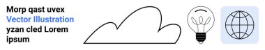 Yaratıcılık, teknoloji, yenilik, küresel ağ, beyin fırtınası, eğitim. Bulut, ampul ve küre sembollü minimalist tasarım. Basit görsel elementlerle yaratıcılık ve teknoloji