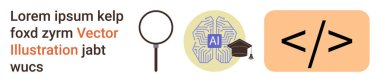 Yapay zeka öğrenimi, programlama, web geliştirme, teknoloji araştırması, dijital araçlar, eğitim. Büyüteç, mezuniyet şapkası kodlama sembollü yapay zeka simgesi. Yapay zeka öğrenme ve programlama