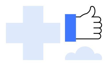 Dijital bağlantı. Artı işareti, başparmaklar yukarı ve bulut birleşimi gibi semboller bağlantı, dijital etkileşim ve pozitif kullanıcı geribildirimi. Sosyal medya, sağlık ve teknoloji için ideal