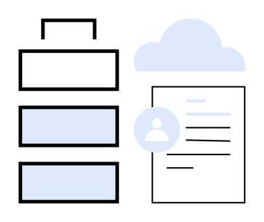 Veri yönetimi, bulut depolama, kullanıcı profilleri, dijital kayıtlar, bilgi organizasyonu, teknoloji çözümleri. Veri blokları yığını, bulut simgesi belgesi ve kullanıcı sembolü. Veri yönetimi ve bulut