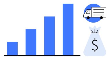 Kargo kamyonu ve para çantası ikonu ile büyüme gösteriyor. Lojistik, e-ticaret, mali başarı, tedarik zinciri yönetimi, iş analizi, yatırım, çevrimiçi satışlar için ideal