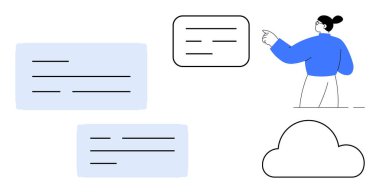 Bulut teknolojisi, çevrimiçi iletişim, takım çalışması araçları, kullanıcı arayüzü, uzak hizmetler, veri paylaşımı. Bir insan yüzen sohbet simgeleriyle bir bulutu işaret eder. Bulut teknolojisi ve online iletişim