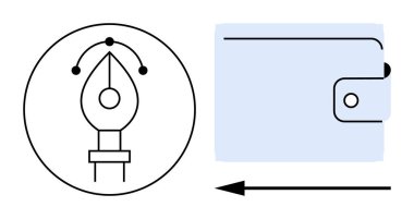 Dijital tasarım konsepti. Grafik yaratıcılığı ve cüzdan ikonu finansal işlemleri için kalem aracı sembolü. Tasarım, teknoloji, finans ve yaratıcı endüstrileri yansıtıyor. Fintech, tasarım araçları