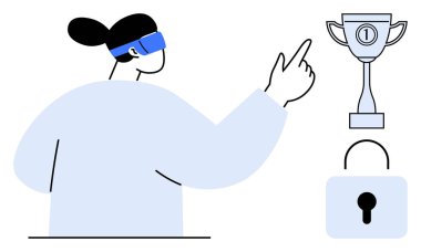 Sanal gerçeklik kavramı. Sanal gerçeklik kulaklığı kullanıcısı ödül ve kilit sembolleriyle etkileşir. Sanal gerçeklik gamifikasyon, hedefler ve güvenlik gösteriyor. Oyun, eğitim, güvenli sistemler için