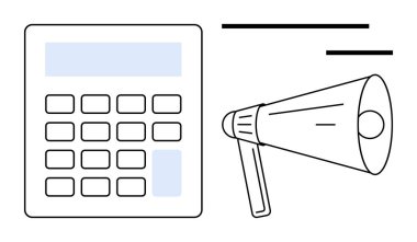 Finansal planlama, pazarlama kampanyaları, iş iletişimi, duyuru stratejileri, veri analizleri ve reklamcılık. Bir megafon ve hesap makinesi çizimi. Mali planlama ve pazarlama