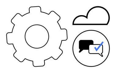 İşlem için vites, depo için bulut iletişim için kontrol işaretli diyalog baloncukları. Takım çalışması, proje yönetimi, bulut hesaplama, yenilik, üretkenlik, iş akışı için ideal